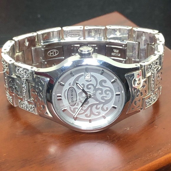 LOIS HILL Sterling Silver Large Round White Face Alternating Links Swiss Watch - Picture 3 of 17